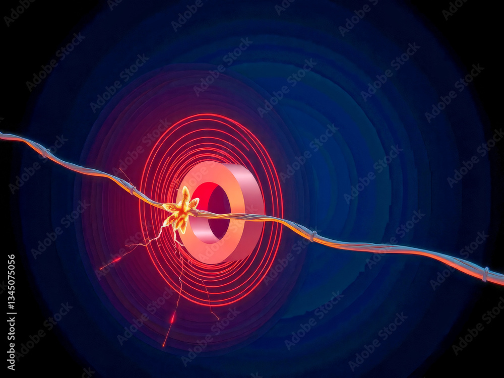 A wire is twisted and has a red and blue color. The wire is surrounded by a blue and red circle