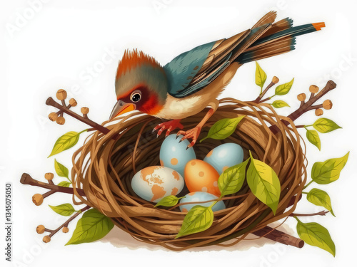 Obraz na płótnie A bird is sitting on a nest with three eggs. The bird appears to be looking at the eggs, possibly preparing to lay more or protect them. The nest is surrounded by leaves and twigs, giving it a natural w salonie