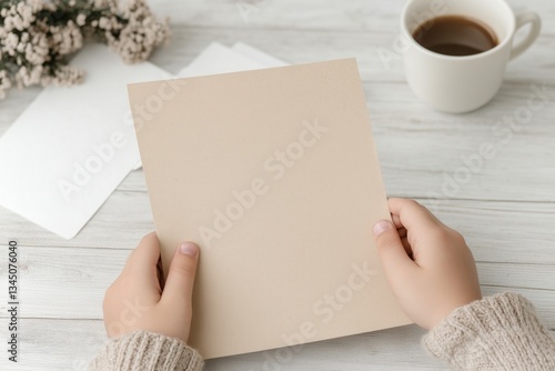 Close up hands of child holding blank paper in cozy setting with cup of coffee on wooden table