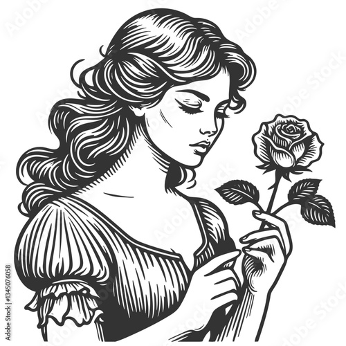 Elegant Woman Holding a Rose Flower vector
