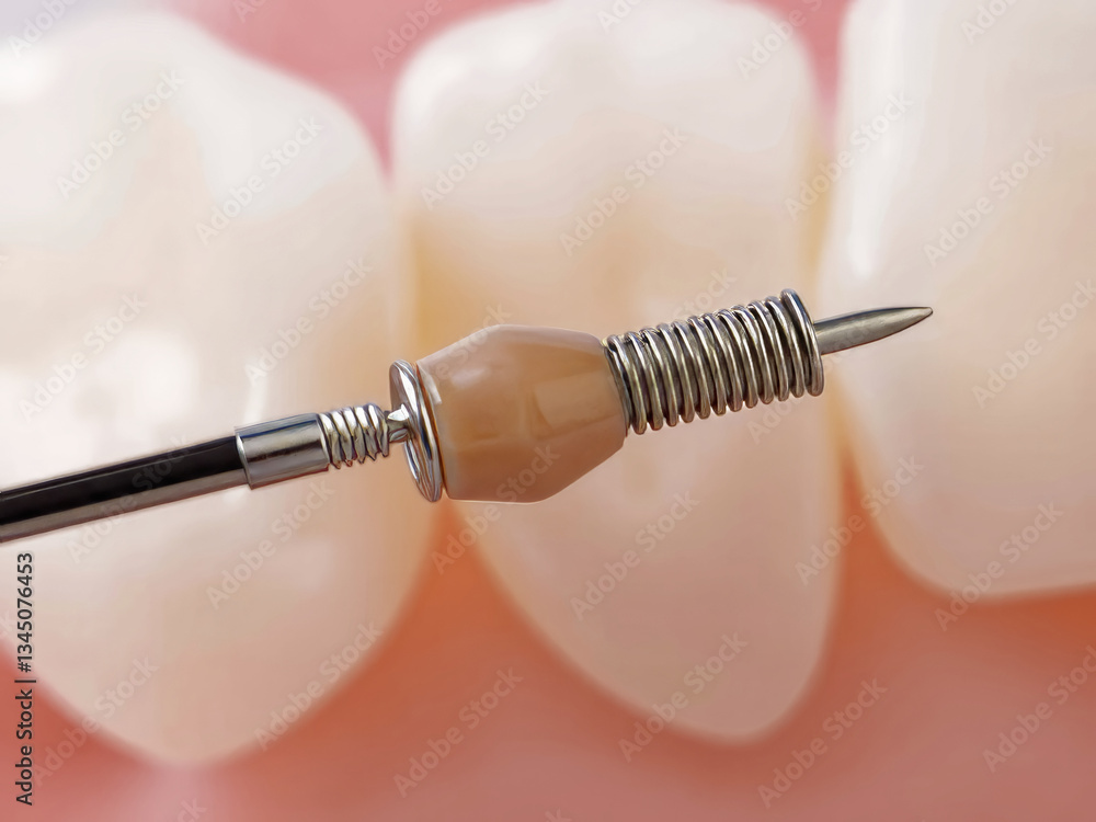 A small, silver object is on a tooth. The object is a small, pointed instrument. The tooth is white and pink