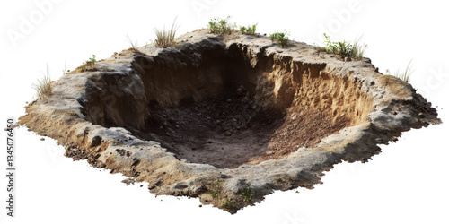 Hole in ground isolated. Deep earth nature land surface texture, dig, pit, burrow, soil 

