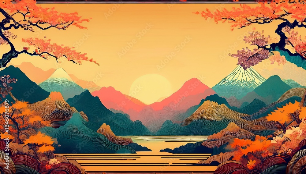 Obraz premium abstract border frame of beautiful japanese serene mountains background, calmness concept graphic resource