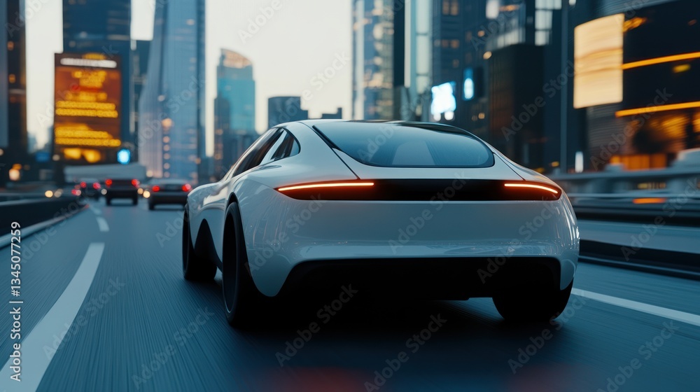 A white sports car driving quickly through a modern city landscape A white sports car driving quickly through a modern city landscape