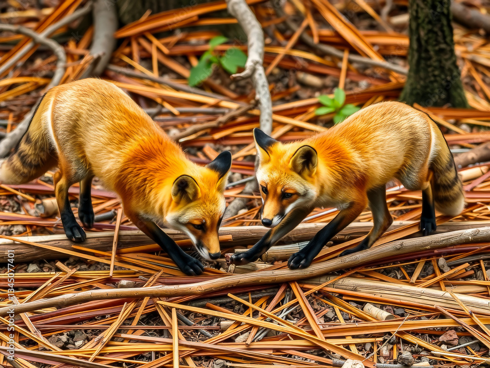Two foxes are playing with each other on a log. Scene is playful and lighthearted