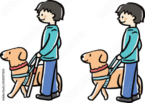 盲導犬を連れて散歩する男性のイラストセット(白杖あり、なし)