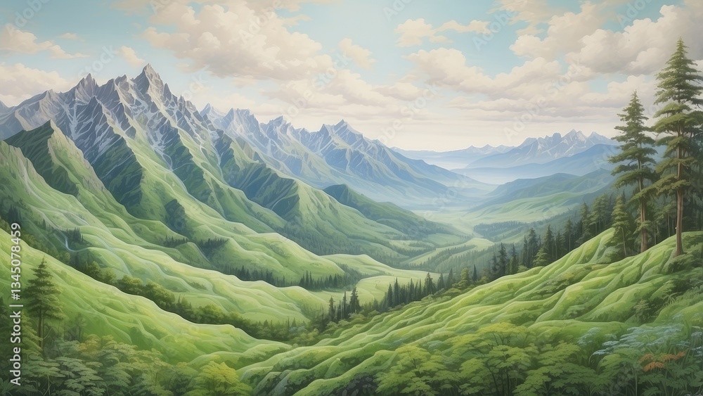 Fototapeta premium A vast landscape of rolling green mountains stretches across the image,
