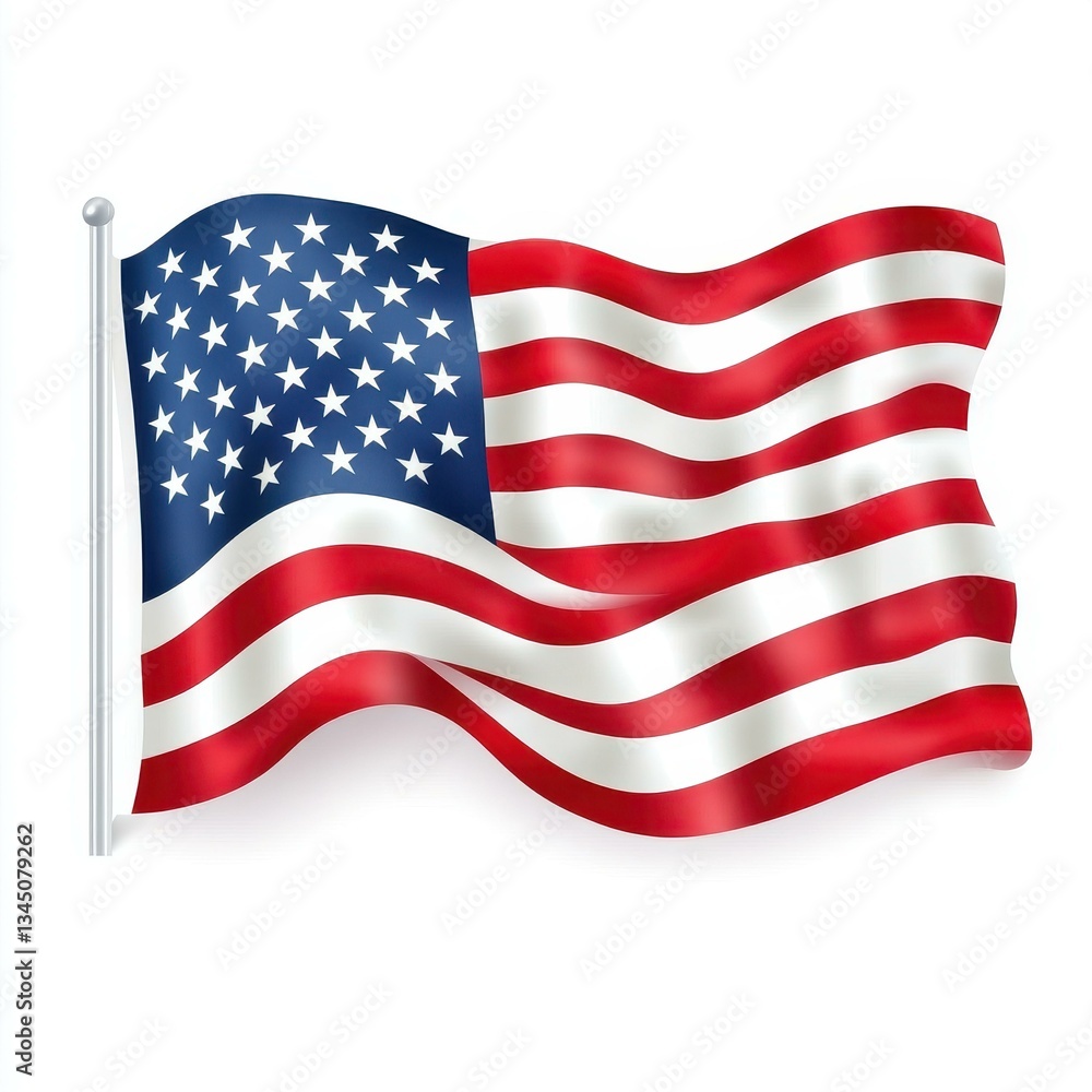 A bright American flag ripples gracefully, symbolizing freedom and patriotism against a clean white backdrop. A bright American flag ripples gracefully, symbolizing freedom and patriotism against a clean white backdrop.