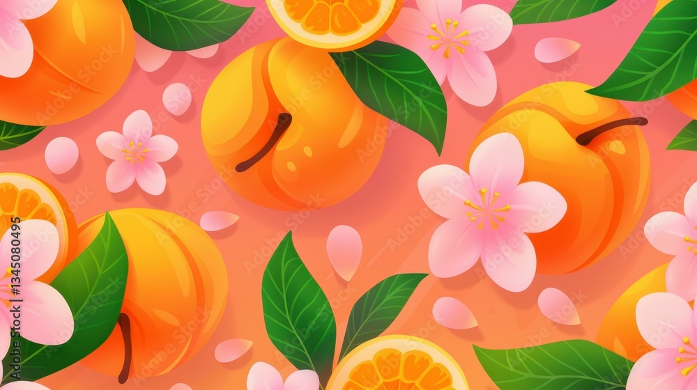 Naklejka premium A vibrant seamless fruit pattern featuring peaches, delicate flowers, and lush leaves, capturing vintage botanical charm.