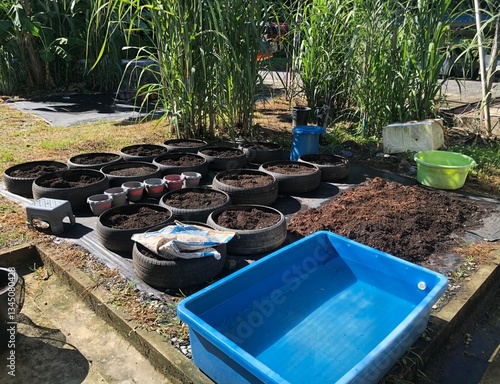 A home garden with organic soil being prepared, compost fertilizer applied, old tires used as planting containers, home gardening hobby, sustainable farming concept