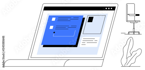 Laptop screen with interactive dashboard, task cards, and graphics. Office chair and plant add workspace vibes. Ideal for productivity, project management, remote work, UI design, technology digital