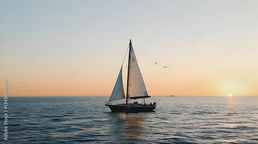 Sailboat Sailing On Calm Ocean Water Under Sunset Sky Silhouette Boat Reflection Sailboat Sailing On Calm Ocean Water Under Sunset Sky Silhouette Boat Reflection