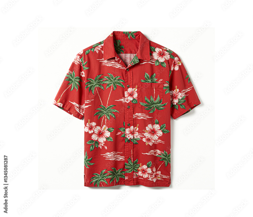 Red Hawaiian aloha shirt with tropical floral isolated on white background. Red Hawaiian aloha shirt with tropical floral isolated on white background.