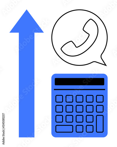 Blue arrow points upward, black outlined phone in speech bubble, blue calculator. Ideal for business growth, communication, planning, networking, analysis financial success teamwork. Flat simple