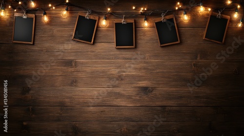 Decorative String Lights and Boards Hanging Above Wooden Planks
