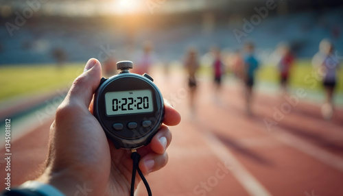 Stopwatch in foreground, running track, athletes silhouettes, sunset sky