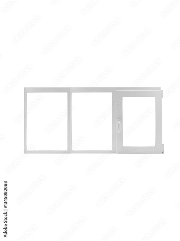 A white three-section sliding window frame is isolated. Close-up. A white three-section sliding window frame is isolated. Close-up.