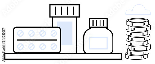 Pills, medicine bottles arranged on a shelf alongside a stack of coins, emphasizing healthcare affordability, spending, and value. Ideal for healthcare, finance, savings, budgeting economics