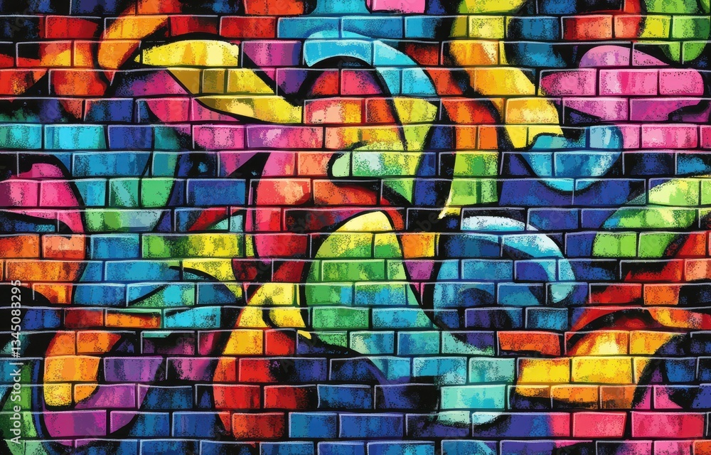 Fototapeta premium A vibrant illustration of an abstract brick wall with colorful graffiti intricate details and bold colors on the bricks Generative AI