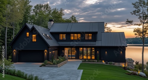 Modern Black Barn House on Lake Travis Shore at Sunset – Texas Farmhouse with Large Windows & Scenic Water View