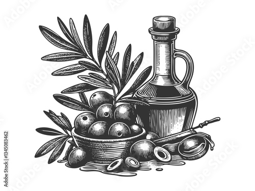 Olive Oil Bottle with Olives and Leaves vector
