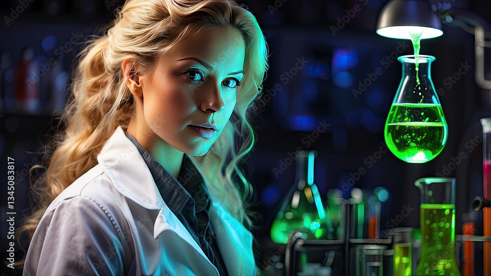 A scientist, middle-aged, light-skinned, is holding a beaker filled with a vibrant green liquid. A scientist, middle-aged, light-skinned, is holding a beaker filled with a vibrant green liquid.