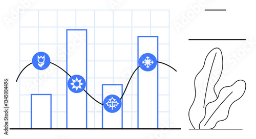 Bar chart with connected seasonal icons flower, sun, snowflake highlighting trends and variations. Ideal for weather patterns, analytics, data visualization, forecasting, business cycles, education