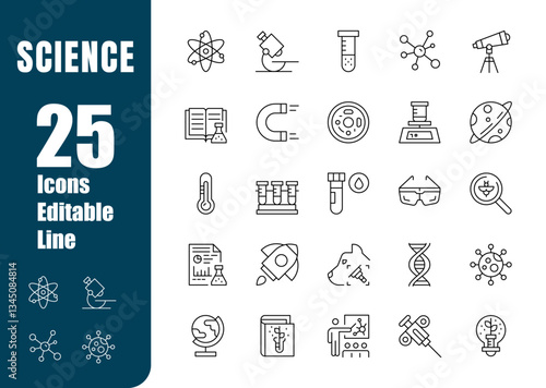 Conjunto de iconos editables de ciencia. Laboratorio, experimentos, ADN, microscopio, química, física. Ilustración vectorial en estilo moderno
