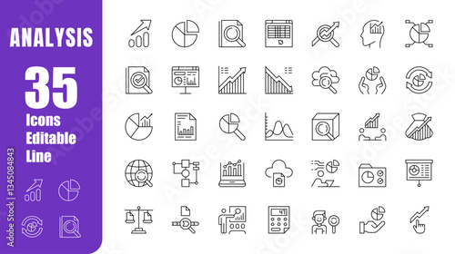 Conjunto de iconos editable de análisis. Datos, estadísticas, informes, métricas, investigación. Ilustración vectorial en estilo moderno