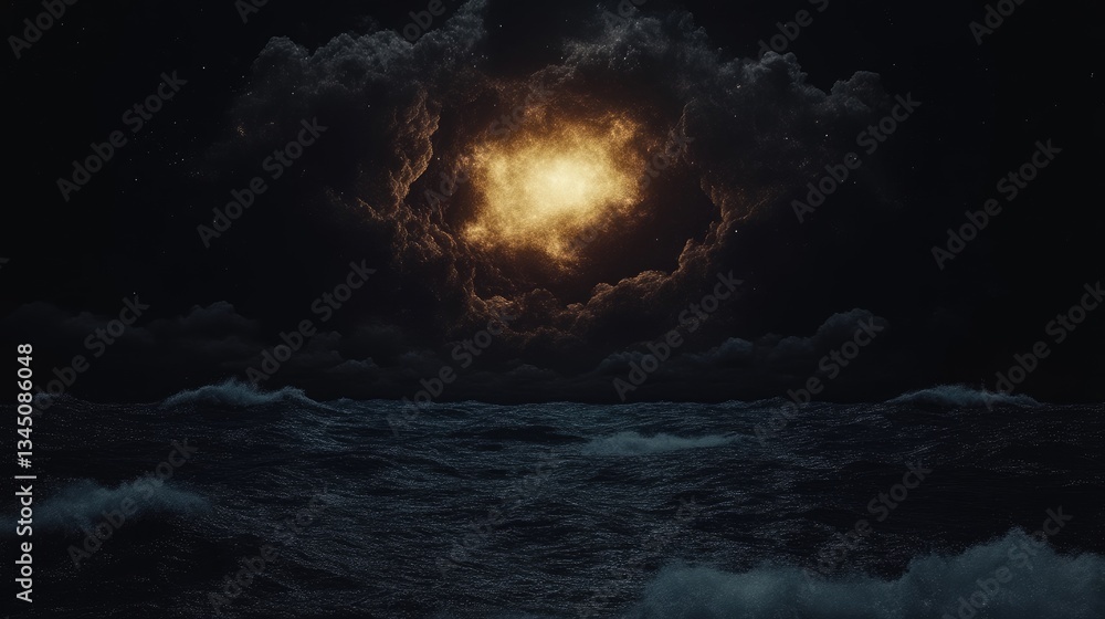 Fototapeta premium Dark clouds obscure a luminous celestial body over a stormy sea