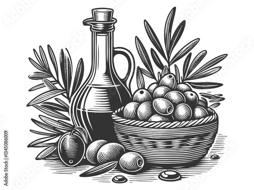 Olive Oil Bottle with Olives and Leaves vector