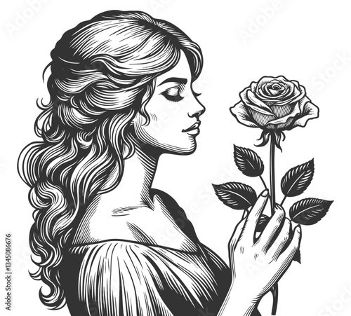 Elegant Woman Holding a Rose Flower vector
