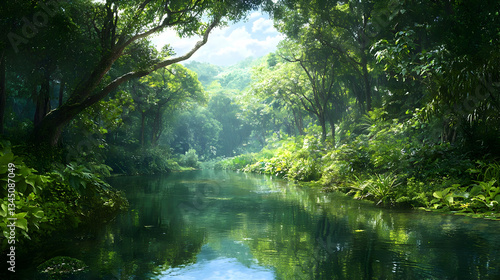 Lush Green Forest River Scene