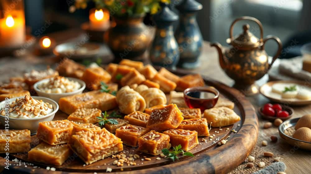 Assortment Of Middle Eastern Pastries On Wooden Board With Warm Lighting Assortment Of Middle Eastern Pastries On Wooden Board With Warm Lighting