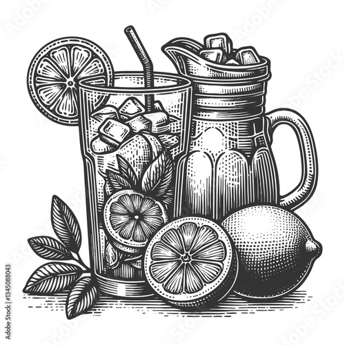 Vintage Pitcher with Lemonade and Citrus Fruits