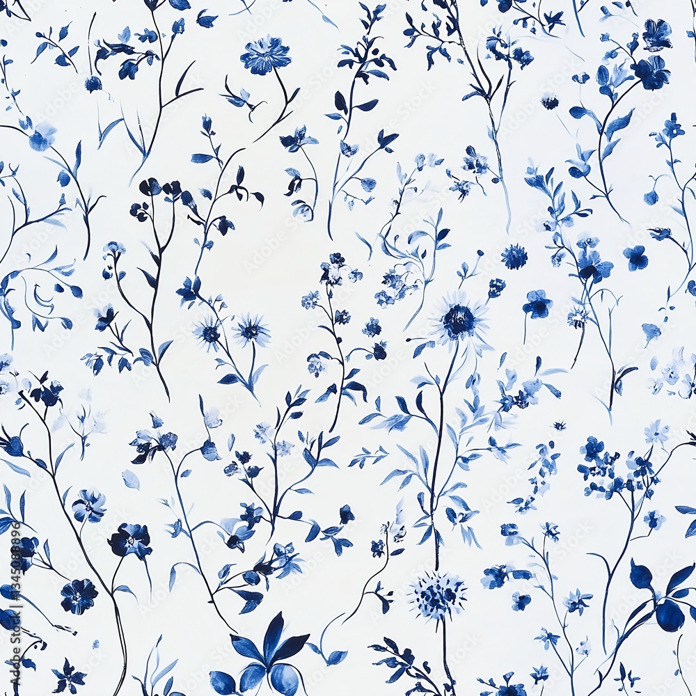 Seamless pattern of Delft-style blue floral pattern on a white porcelain background Seamless pattern of Delft-style blue floral pattern on a white porcelain background