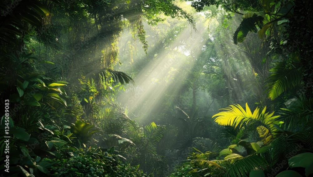 Obraz premium Sunlight filtering through dense jungle foliage (1)