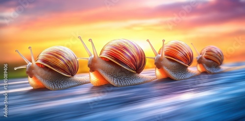 Four Snails Competing On A Surface With An Orange Sky
