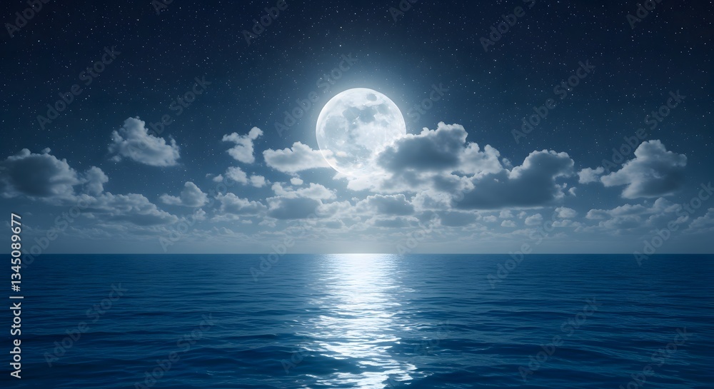 Fototapeta premium Romantic Moon With Clouds And Starry Sky Over Sparkling Blue Water
