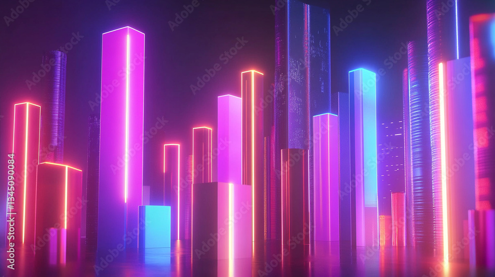 Futuristic cityscape with glowing neon skyscrapers reflecting in a serene water surface at night Futuristic cityscape with glowing neon skyscrapers reflecting in a serene water surface at night