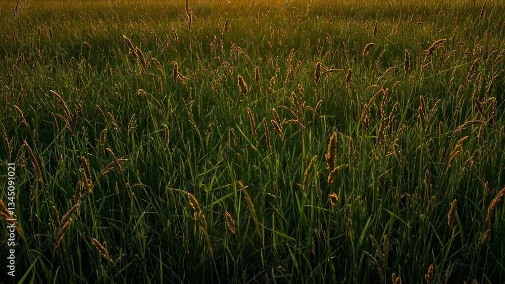 Obraz premium Lush Green Field of Grass at Sunrise or Sunset. A sweeping vista of a vibrant green field of grass, likely a crop field.