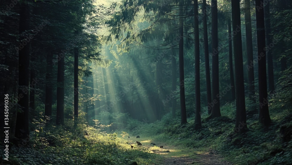 Naklejka premium Sunlight streams through a dark forest