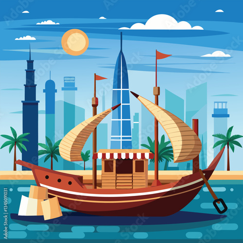 Traditional Emirati Boat Sailing through the Tranquil Bay Creek at Dusk