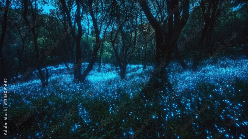 Ethereal Enchanted Forest Awash with Blue Lighting and Nighttime Glow Beneath Tall Trees and Lush Greenery Ethereal Enchanted Forest Awash with Blue Lighting and Nighttime Glow Beneath Tall Trees and Lush Greenery