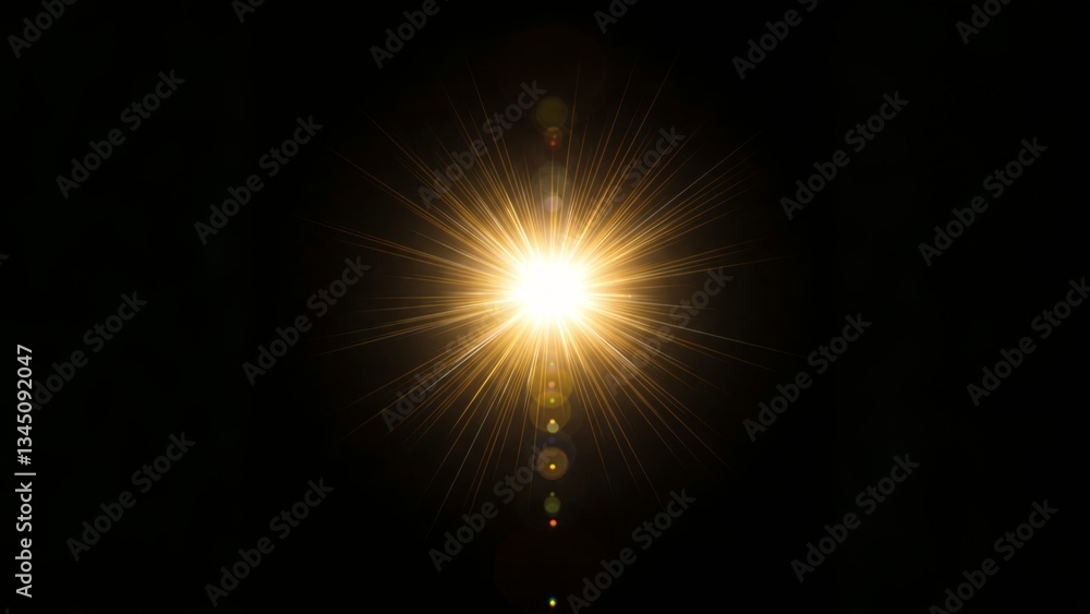 Naklejka premium Bright golden lens flare on a black background. A dramatic, eye-catching lens flare in golden hues radiating outward from a central point against a completely black background.