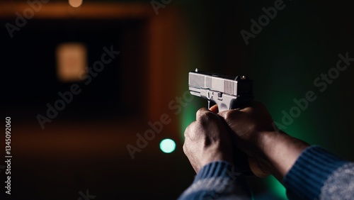 Картината върху платно Man holding pistol enjoying recreational indoor shooting experience in firing range facility, close up