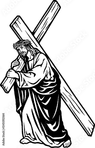 Religious design vector illustration. Jesus Christ carrying a cross. Black and white Jesus vector for stickers and prints