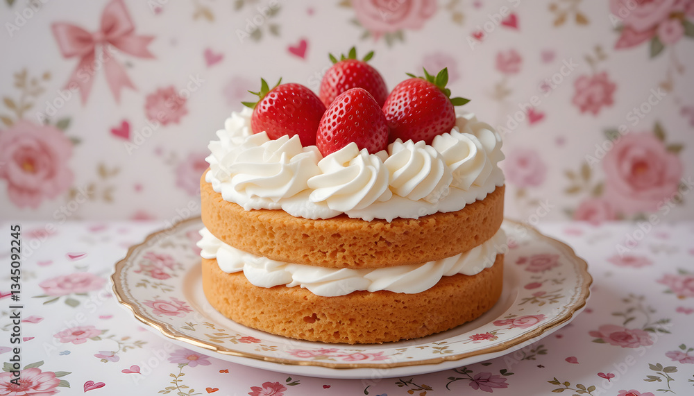 Two Layer Strawberry Shortcake with Whipped Cream on Floral Back Two Layer Strawberry Shortcake with Whipped Cream on Floral Back