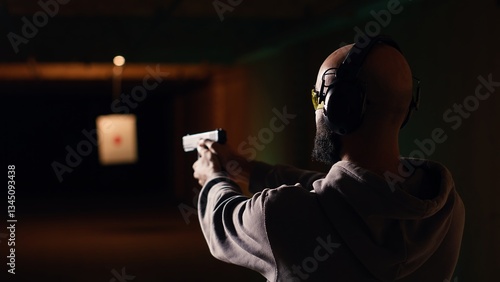 Photos Shooting gallery customer using pistol to hit targets, wearing protection headset
