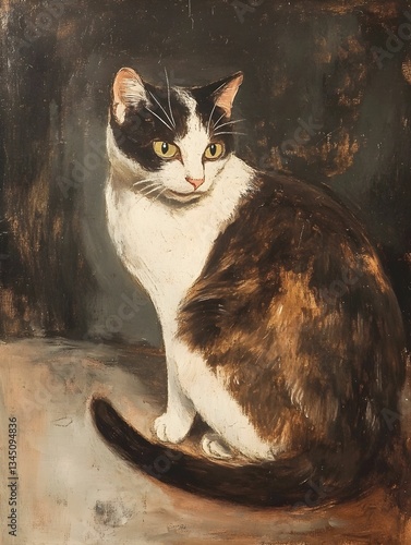 Calico cat turning head, depicted through vibrant oil painting technique, capturing feline elegance with artistic interpretation on canvas